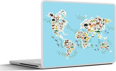 Laptop sticker - 14 inch - Wereldkaart kinderen - Dieren - Kleuren - 32x5x23x5cm - Laptopstickers - Laptop skin - Cover
