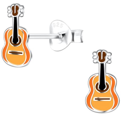 Joy|S - Zilveren gitaar oorbellen - 5 x 9 mm - oranje bruin - kinderoorbellen