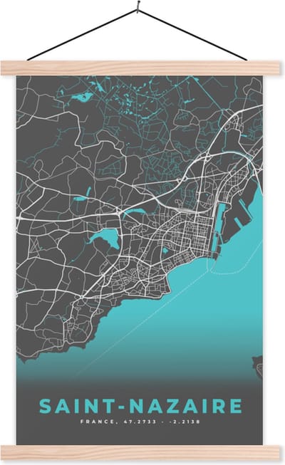 Posterhanger incl. Poster 40x60 cm - Schoolplaat - Frankrijk – Saint-Nazaire – Stadskaart – Plattegrond – Kaart - Textielposter - Blanke latten - Stadskaart