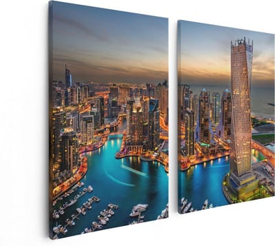 Artaza Canvas Schilderij Tweeluik Dubai Haven met de Stad - 80x60 - Foto Op Canvas - Canvas Print