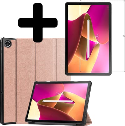 Hoes - Geschikt voor Lenovo Tab M10 Plus (3e / 3rd Generatie) - Met Screenprotector - Trifold Bookcase - Hard Cover - Hardcover Book Case - Tablet Hoesje - Rosé goud