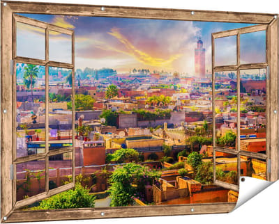 Gards Tuinposter Doorkijk Medina van Marrakesh in Marokko - 150x100 cm - Tuindoek - Tuindecoratie - Wanddecoratie buiten - Tuinschilderij