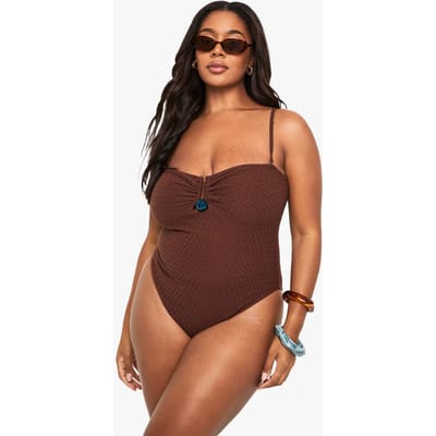 boohoo Dames Plus Crinkle Gem Trim Bandeau Badpak | Chocoladebruin | Maat: 52