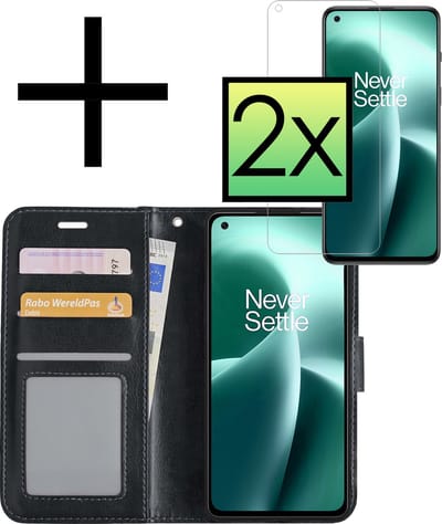 Hoesje - Met 2x Screenprotector - Geschikt voor OnePlus Nord 2T - Luxe Pasjeshouder - Bookcase Portemonee - Flip Case - Kunstleer Book Case - Flipcase Hoes - Book Cover - Walletcase - Portemonneehoes - Zwart