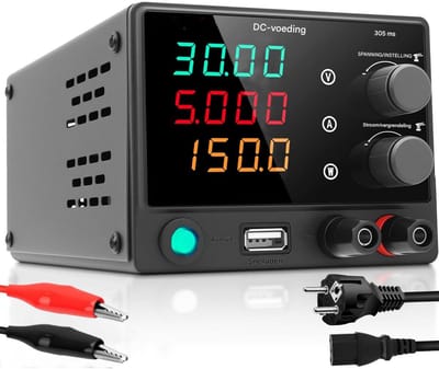 GELLDG Labornetzteil DC - Regelbaar 0-30V 0-5A - 4-cijferige LED Display - USB QC18W Snellader - Geschikt voor Elektronica, Laboratorium en Reparatie - Kleine Afmetingen 19.5x10.5x8cm - Kunststof Behuizing