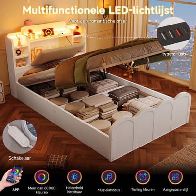 VVBV Gestoffeerd Opbergbed 90x200 cm - Hydraulische Opbergruimte, LED-Verlichting, App-bediening - Wit - Zonder Matras