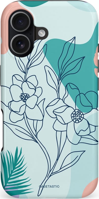 Casetastic hoesje geschikt voor Apple iPhone 17 - MagSafe - Dubbellaagse bescherming - Zeegroen Bloemenfestijn - Fashion Case - Lichtgrijs Turquoise Perzik