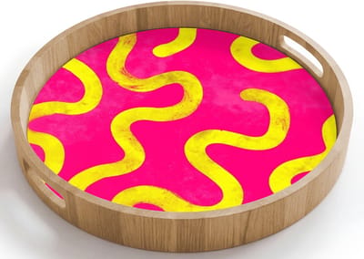 Dienblad rond 40x40 cm - Schootdienblad hout - Lijn - Geel - Abstract - Borrelplank rechthoek - Plateau houten dienbladen