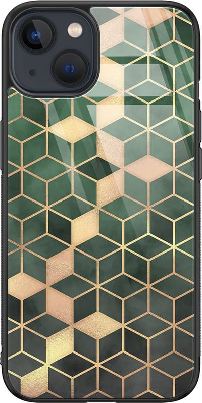 Hoesje geschikt voor iPhone 13 - Groen kubus - Luxe Glazen Hardcase - Hippe print - Groen - Leuke Telefoonhoesjes