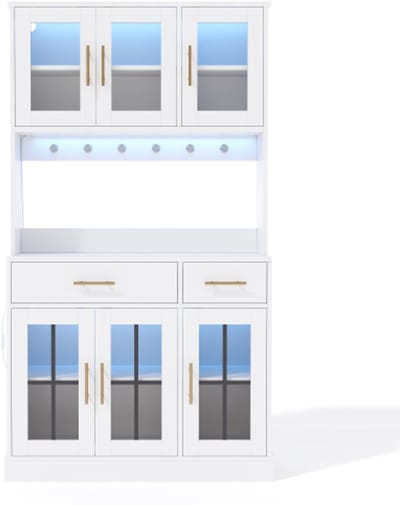 Hoge keukenkast vitrinekast 100x40x180 cm wit landhuisstijl dressoir kast met LED-lichtstrip en stopcontact, 6 deuren en 2 lades, verstelbare planken, multifunctionele opbergkast voor keuken, eetkamer en woonkamer