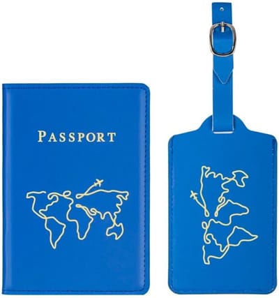 Paspoort hoesje met kofferlabel - Paspoorthouder - Bagage label - Vliegen - Vakantie - Blauw / Goud - PU leer - 11 cm x 17 cm