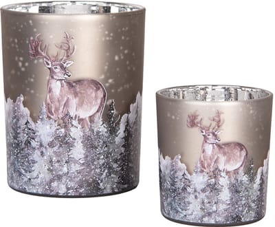 Clayre & Eef Theelichthouder Set van 2 Ø 7x8 / 10x13 cm Grijs Glas Hert