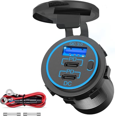 96 W PD 3.0 USB C stopcontact 12 V inbouw: dual type C USB-aansluiting, waterdicht, 12 volt sigarettenaansteker-adapter met schakelaar voor camper, auto, motorfiets, boot, vrachtwagen, caravan
