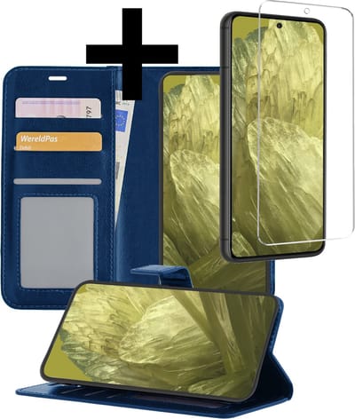 Hoesje - Met Screenprotector - Geschikt voor Google Pixel 8a - Luxe Pasjeshouder - Bookcase Portemonee - Flip Case - Kunstleer Book Case - Flipcase - Book Cover - Walletcase - Portemonneehoes - Telefoonhoesjes - Donkerblauw