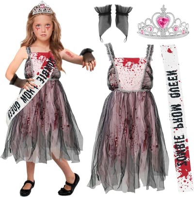 Bloody Horror Kostuum voor Meisjes met Kroon en Schouderband, Perfect voor Carnaval, Rollenspel en Themafeesten (Maat M, 7-9 Jaar)