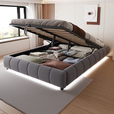SINGULARITY-Gestoffeerd bed 140 x 200 cm- zonder hoofdbord- met LED-lichtstrip (monochroom)- hydraulisch zwevend bedframe met opbergruimte- eenpersoonsbed- jeugdbed- grijs- zonder matras