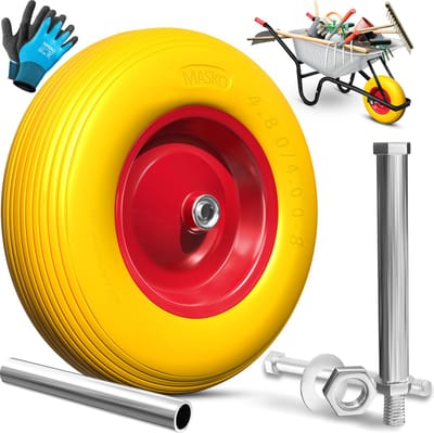 MASKO® PU Kruiwagenwiel Massief Rubber 4.80/4.00-8 Ø 390mm inclusief As - Vervangwiel voor Kruiwagen Tuinwagen PU Wiel - Geel / Rood