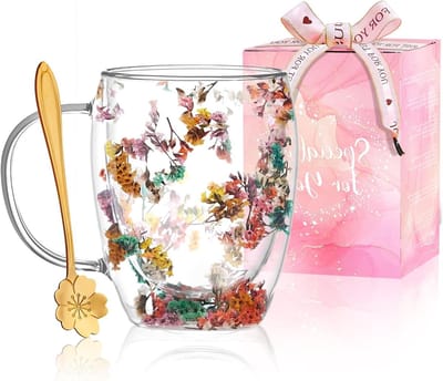 Dried Flowers Dubbelwandige Glazen Koffiemokken voor Vrouwen - Schattige Theekopjes met Handvatten voor Herfst, Kerst en Verjaardagscadeaus voor Vriendinnen, Leraren en Moeders