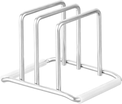 Snijplankhouder van RVS, Keuken Potdekselhouder, Opbergstandaard met 6mm Dikke Stalen Constructie en Verwijderbare Antislip Siliconen Covers voor Efficiënte Keukenorganisatie