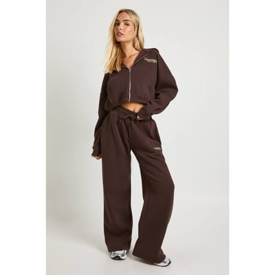 boohoo Dames Kopenhagen Geborduurde Gekorte Hoodie Trainingspak | Chocoladebruin | Maat: XL