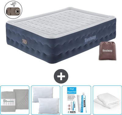 Bestway luchtbed - 2-Persoons - 152 x 203 x 51 cm - Blauw - Inclusief pomp - Hoeslaken - Kussen - Kussenbeschermer en Reparatieset