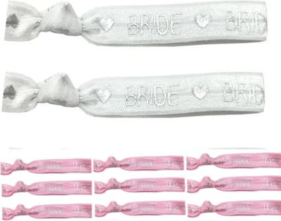Set met 11 elastische armbanden set Bride wit zilver en Team Bride roze zilver - bruid - vrijgezellenfeest - trouwen - armband - team bride - bride - roze