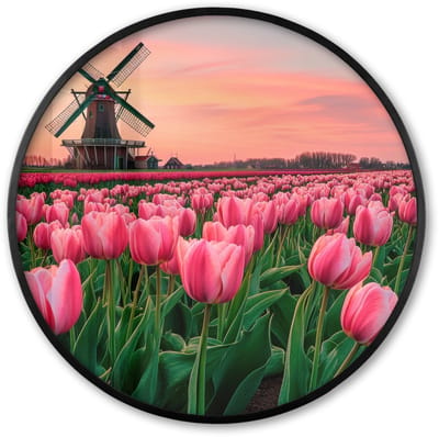 Poster in lijst Rond - Fotolijst 60x60 cm - Posters - Tulpen - Molen - Nederland - Ronde posterlijst zwart - Decoratie - Wanddecoratie woonkamer - Muurdecoratie slaapkamer