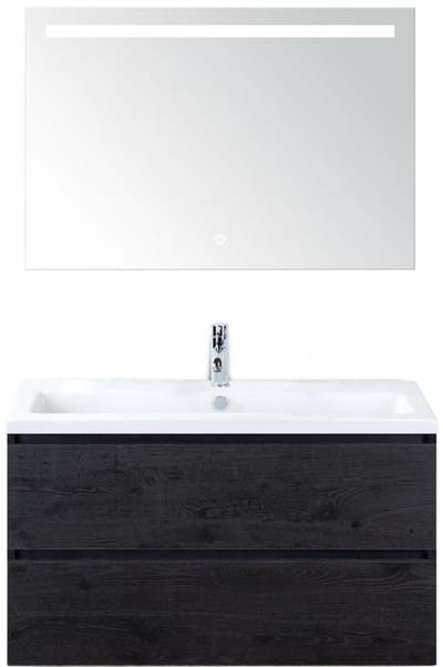 Vogue Badmeubelset 100 cm - Greeplijst in Kleur - Black Oak - Keramische Wastafel Wit 1 Kraangat met Sence Spiegel