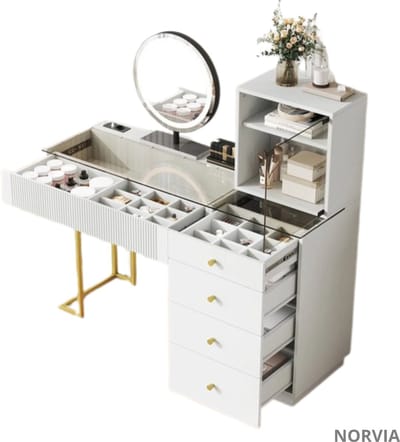 Norvia Overzichtelijke Make Up Tafel - Beauty Station Met Gehard Glazen Blad- Kaptafel Met Spiegel En LED Verlichting - 5 Laden