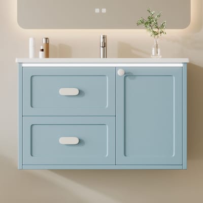 Wishdor - Hangend Badkamermeubel - Ledverlichting Met Radarsensor En 2 Laden - Modern - Keramiek En MDF - Blauw - 76 x 46 x 51 cm