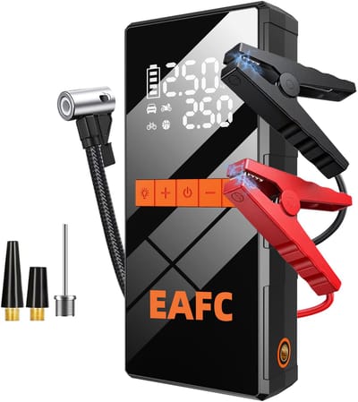 EAFC 12V Jumpstarter voor Auto & Motor met Compressor - 1000A / 20.000 mAh - 5-in-1 Starthulp met Compressor, Powerbank, LED Zaklamp en SOS Noodlicht - Standaard startkabelclip Jump Starter
