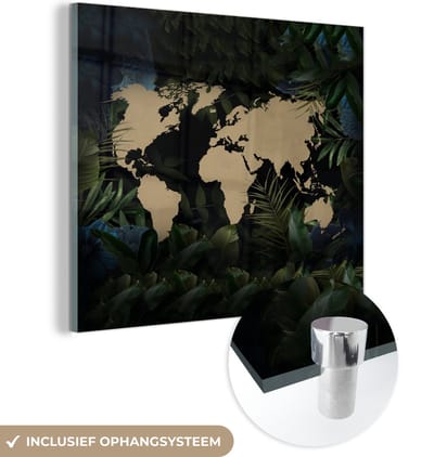 ® Glasschilderij 90x90 cm - Schilderij acrylglas - Wereldkaart - Planten - Tropisch - Foto op glas - Muurdecoratie woonkamer - Wanddecoratie slaapkamer - Schilderijen