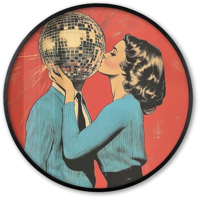 Poster in lijst Rond - Fotolijst 60x60 cm - Posters - Vrouw - Retro - Discobal - Kus - Ronde posterlijst zwart - Decoratie - Wanddecoratie woonkamer - Muurdecoratie slaapkamer
