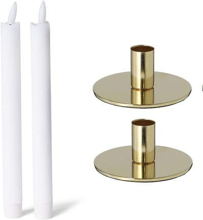 Set van 2 kaarsenhouders metaal rond goud 10x5cm met LED premium echte wax kaarsen tafelkaars flikkerend effect kersttafeldecoratie kandelaar kaarspen scandinavisch chic vintage kaarsenhouder