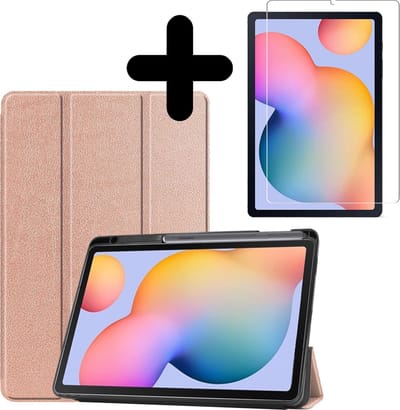 Hoesje - Geschikt voor Samsung Galaxy Tab S6 Lite - Met Screenprotector - Trifold Bookcase Hoes - Hard Cover Case - Met Uitsparing Geschikt voor S Pen - Hardcover Book - Tablethoes - Rosé goud