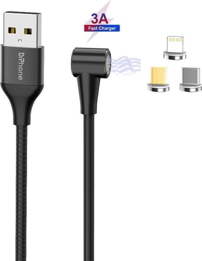 DrPhone Pro Series - 3 in 1 Magnetische 90° Haakse Oplaadkabel - Lightning/ Micro USB / USB C - Tot 3A – Sterke N52 Magneet - 2 Meter - Zwart