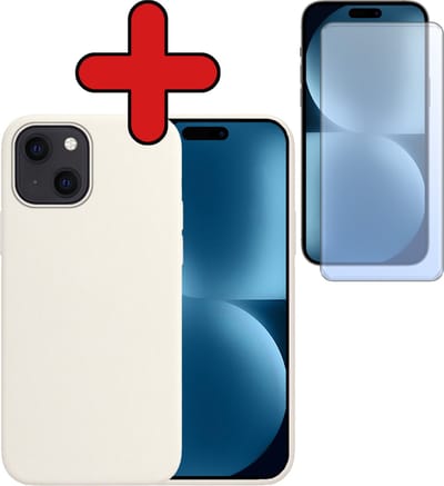 Hoesje - Met Screenprotector - Geschikt voor Apple iPhone 15 - Sterk & Shockproof - Telefoon Hoes - Back Cover - Siliconen Case - Telefoonhoes - Wit