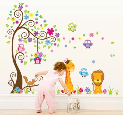 Gigantische zelfklevende muurstickers voor decoratie - Boom, bloemen, giraffe en leeuw