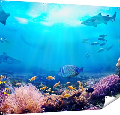 Gards Tuinposter Vissen met Haaien in de Oceaan met Koraalrif - 150x120 cm - Tuindoek - Tuindecoratie - Wanddecoratie buiten - Tuinschilderij