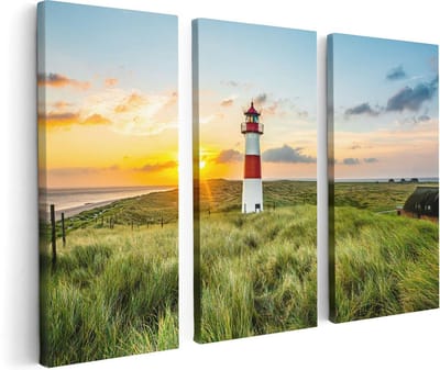Artaza Canvas Schilderij Drieluik Vuurtoren met Zonsopgang op een Eiland - 120x80 - Foto Op Canvas - Canvas Print