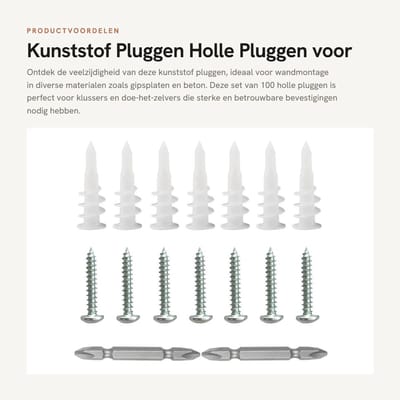Dailygoods- Pluggen 100 Stuks - Kunststof Pluggen - Holle Pluggen - Schroeven voor Gipsplaten - Zelfborende Pluggen - Versterkt Nylon - Wandpluggen