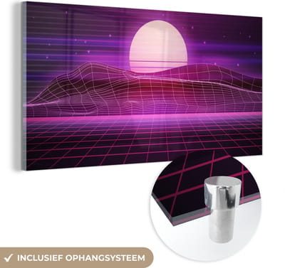 MuchoWow® Glasschilderij 120x60 cm - Schilderij acrylglas - Gaming - Neon - Retro - Paars - Zon - Gamen - Foto op glas - Schilderijen