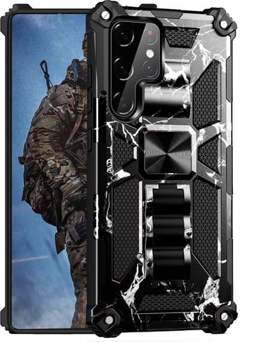 Hoesje Geschikt Voor Samsung Galaxy S22 Ultra hoesje rugged extreme backcover met ring houder Camouflage Marmer - Zwart