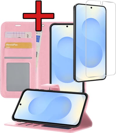 Hoesje - Met Screenprotector - Geschikt voor Samsung Galaxy S25 - Luxe Pasjeshouder - Flipcase - Bookcase Portemonee - Flip Case - Kunstleer Book Case - Book Cover - Walletcase - Portemonneehoes - Telefoonhoes - Lichtroze