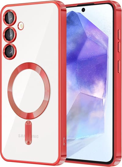 Hoesje geschikt voor Samsung Galaxy A55 - Techsuit Luxury Crystal Back Cover - Geschikt voor MagSafe - Transparant/Rood