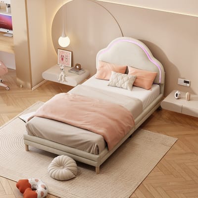 STILVORA Gestoffeerd Bed 90x200 - Kinderbed Met LED Strip En Hoofdbord In Wolkenvorm - Met Houten Bodem - Fluweel - Beige