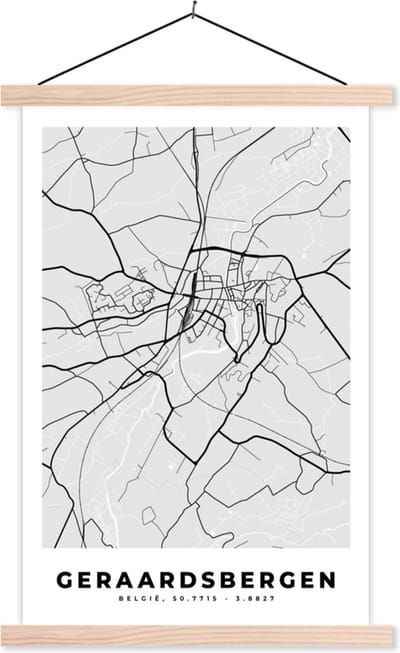 Posterhanger incl. Poster 40x60 cm - Schoolplaat - Stadskaart – Zwart Wit - Kaart – Geraardsbergen – België – Plattegrond - Textielposter - Blanke latten - Stadskaart