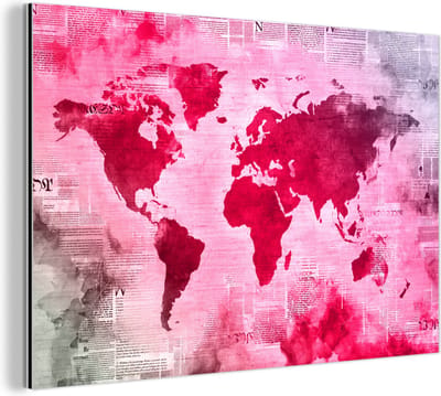 Aluminium schilderij 150x100 cm - Wanddecoratie metaal - Wereldkaart - Rood - Krant - Metalen muurdecoratie woonkamer - Decoratie industrieel - Foto op dibond - Industriële accessoires slaapkamer