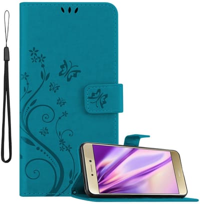 Cadorabo Hoesje geschikt voor Huawei P8 LITE 2017 / P9 LITE 2017 in BLOEMEN BLAUW - Beschermhoes in bloemmotief met magnetische sluiting, standfunctie en kaartsleuven Book Case Cover Etui