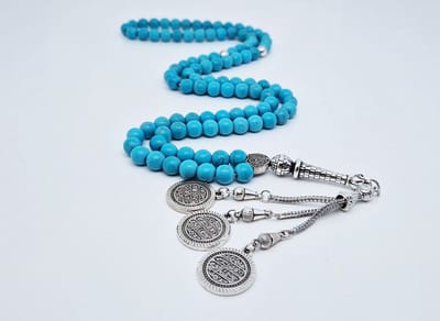 Handgemaakte tesbih "Tasbih" natuursteen "Turkoois" - Aantal kralen 99 - Diameter kralen 8MM - met metaal tassel "Qustantinia" - Een mooi cadeau-idee